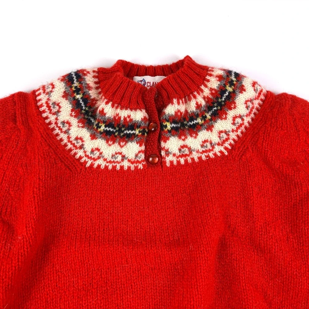 VTG Clansman 100% Shetland Wool Childrens Sweater‎ 10/30 Red Navy Blue Fair Isle